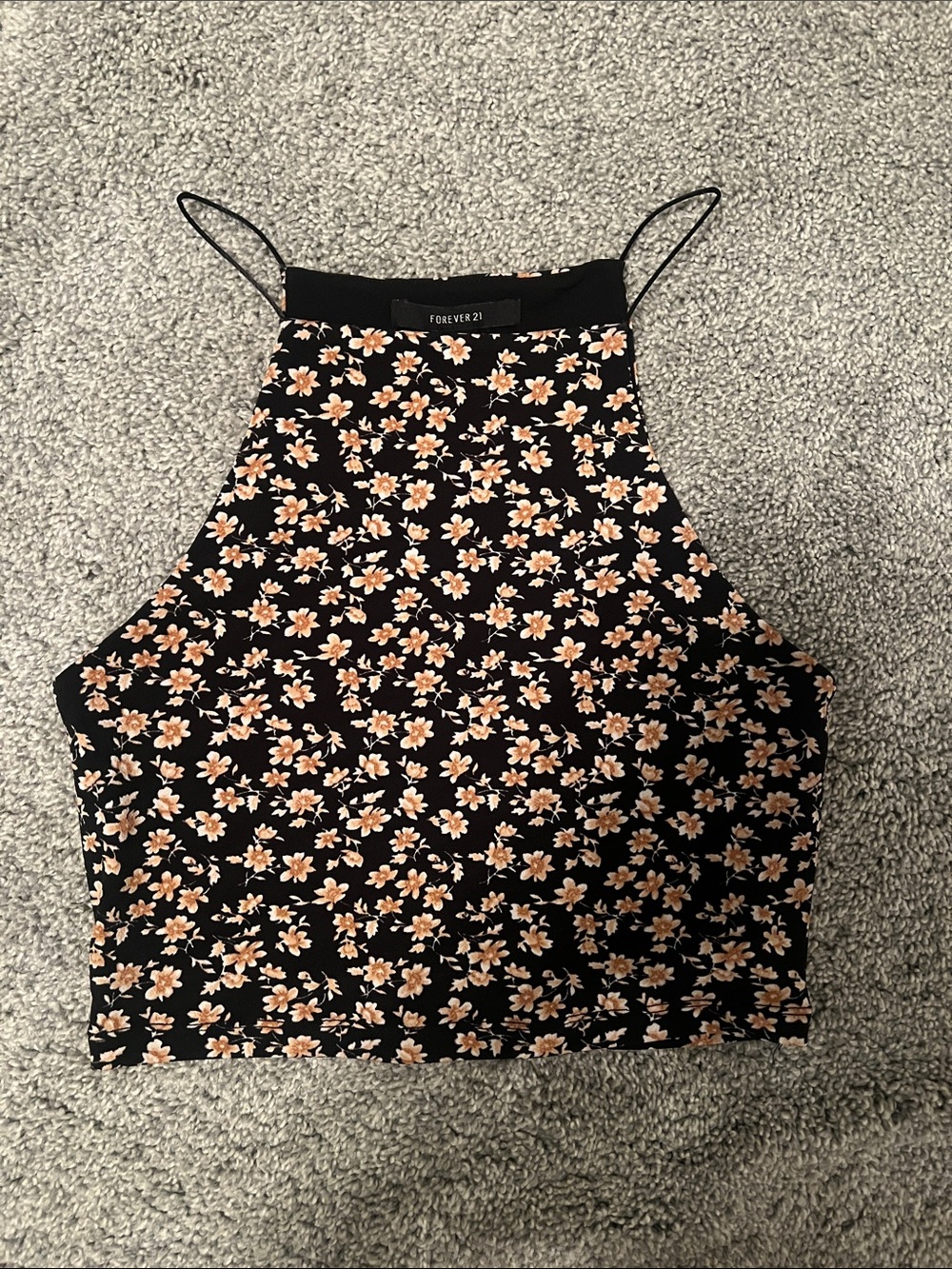 Forever 21 Black Floral Halter-Style Crop Top
